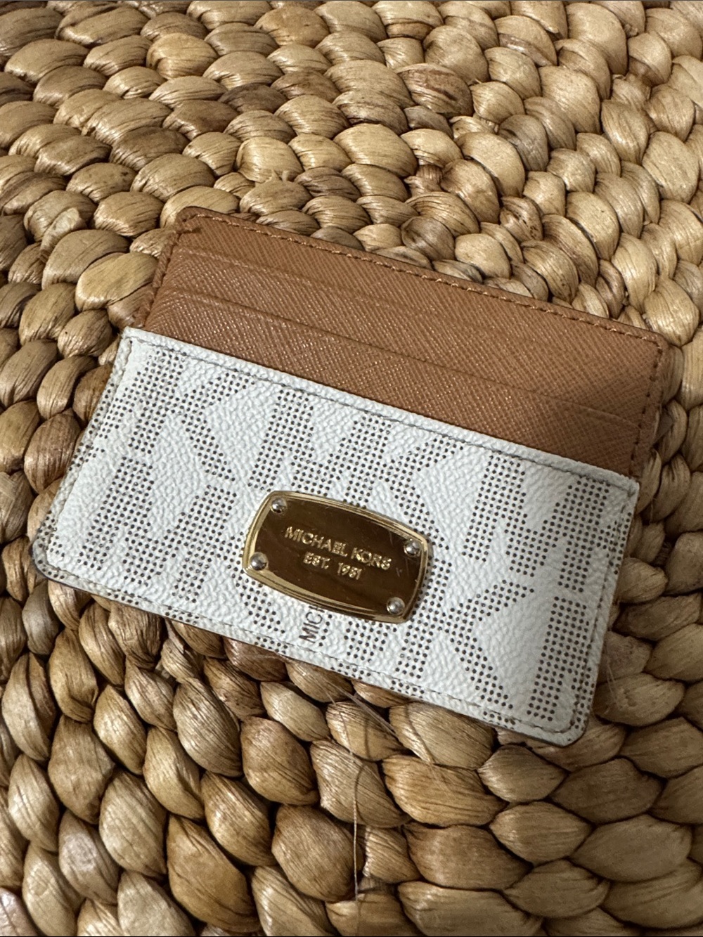 Michael Kors White & Tan Logo Card Holder with Gold Plate - Vintage